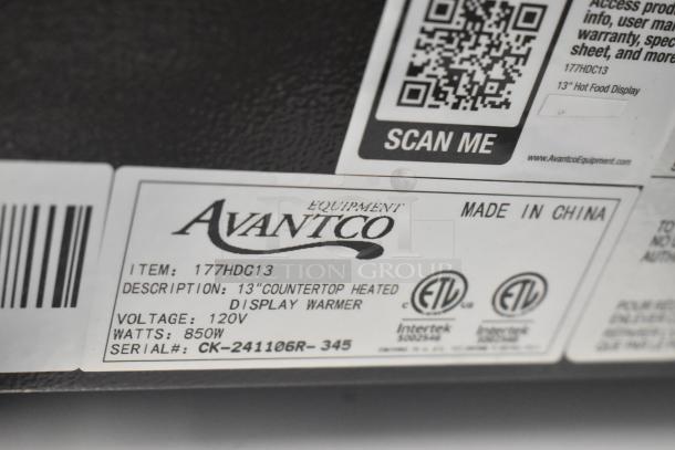 Avantco 177HDC13 metal commercial display case label showing item details, voltage, and certifications, made in China.