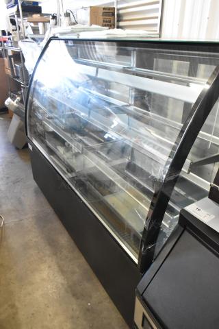 Brand new Avantco 193BCTD72B 72" black bakery display case, 3-shelf, LED, curved glass; scratch and dent with broken glass.