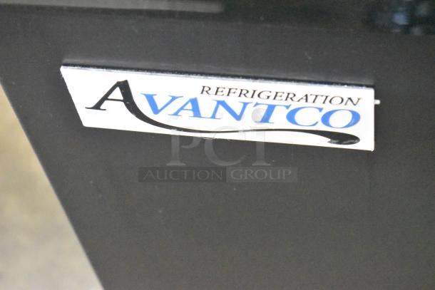 Avantco 193BCTD72B label on black bakery display case, 72" with LED, showing brand emblem.