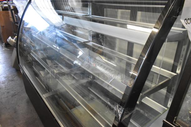 Brand new 2024 Avantco 193BCTD72B 72" black bakery display case, curved glass, 3 shelves, LED lighting, on casters, broken glass.