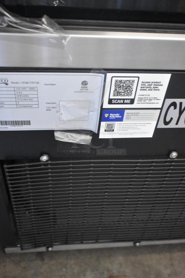 Avantco 193BCTD72B 72" black metal bakery display case, broken glass. Features LED lighting, 115V, QR codes visible.