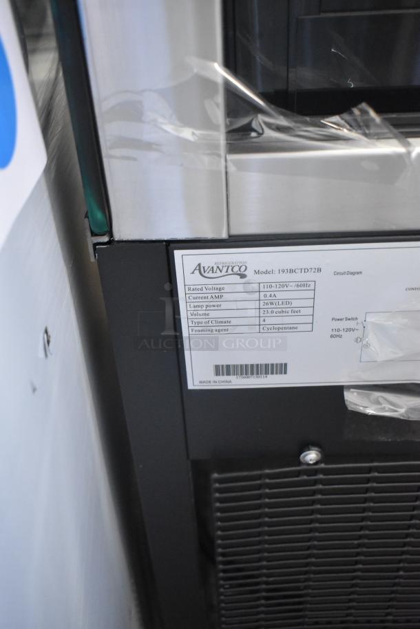 Avantco 193BCTD72B label showing model and voltage details on black bakery display case with metal finish.