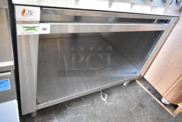 Stainless steel commercial equipment stand for Cooking Performance Group 6 burner range, model 351RCPG36NL. Brand new.