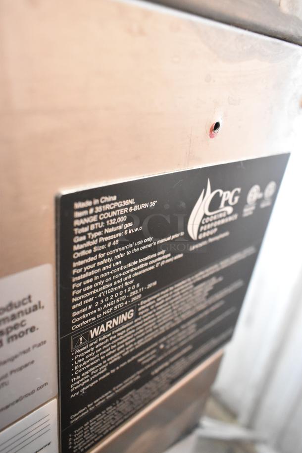 Stainless steel commercial 6 burner gas range label, model 351RCPG36NL, 132,000 BTU, natural gas, made in China.