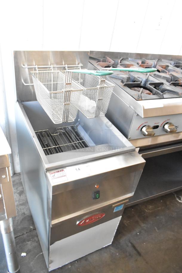 Brand new Avantco 177EF40B stainless steel 40 lb. electric floor fryer, includes 2 metal fry baskets, 208 volts, 1 phase.