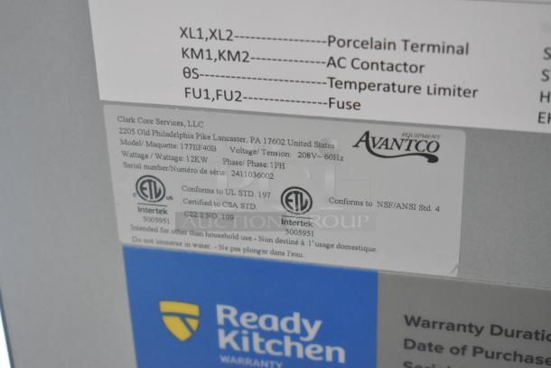 New Avantco 177EF40B fryer label showing model, 208V, 12kW, 1 phase. Certified to ETL, CSA, NSF standards.