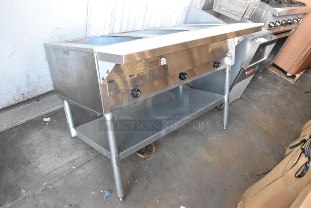 2022 Eagle HT3-LP stainless steel 3 bay steam table, propane gas powered, 10,500 BTU, with under shelf, commercial grade.