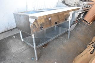 2022 Eagle HT3-LP stainless steel 3 bay steam table, propane gas powered, 10,500 BTU, with under shelf, commercial grade.