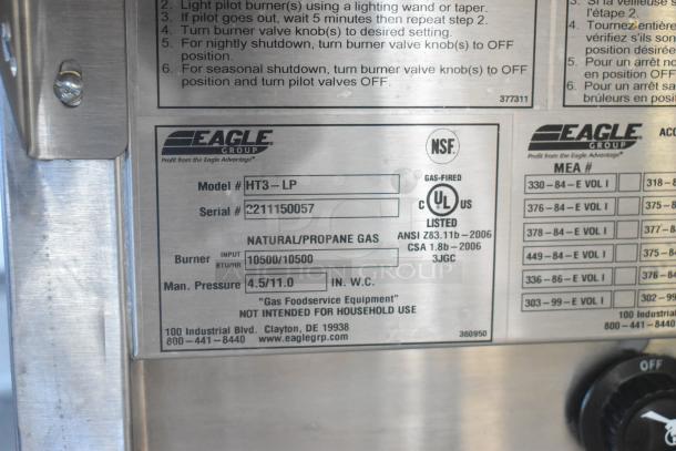Eagle HT3-LP steam table label showing model, serial number, 10,500 BTU, and gas specifications.