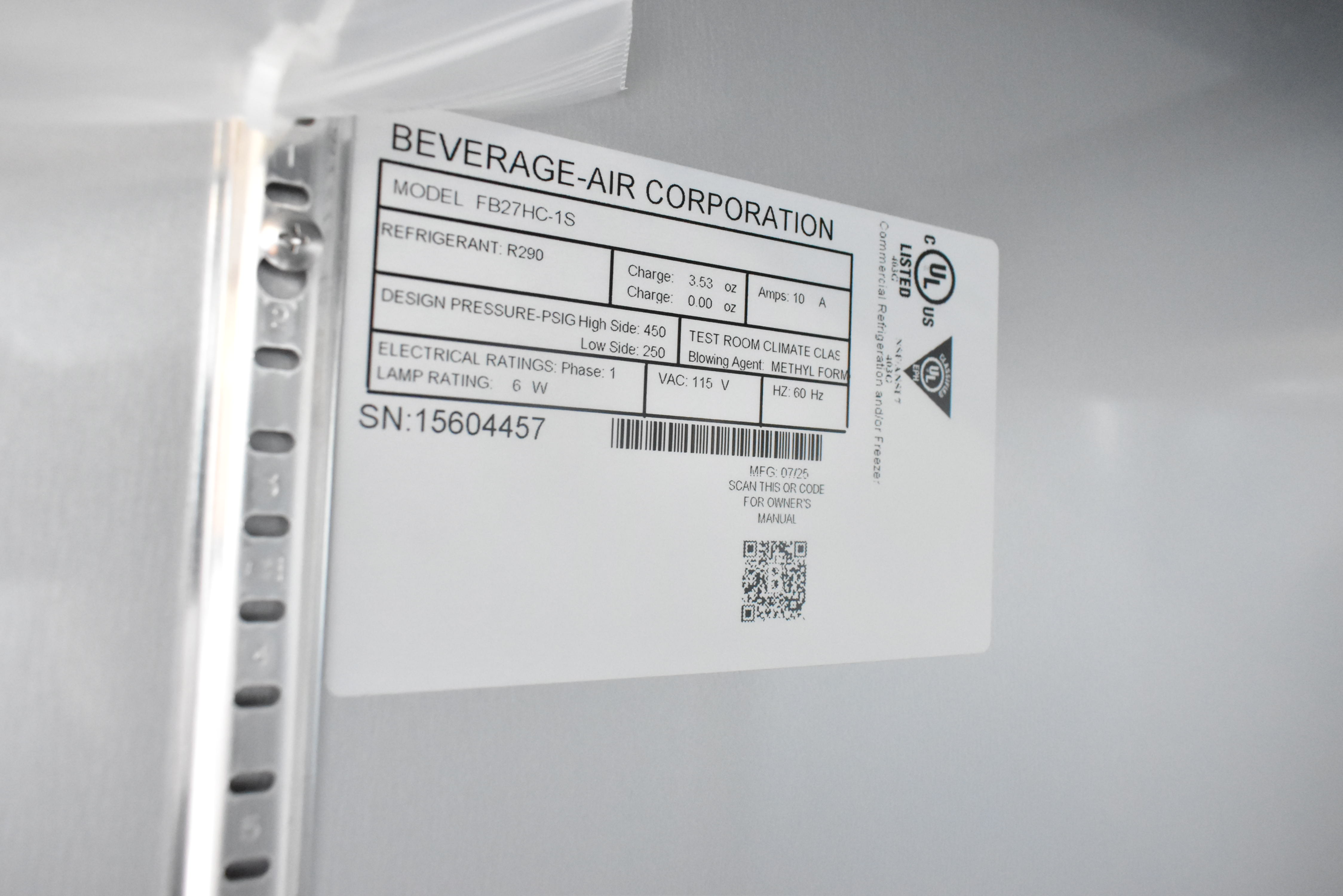 Specification plate showing model and electrical requirements