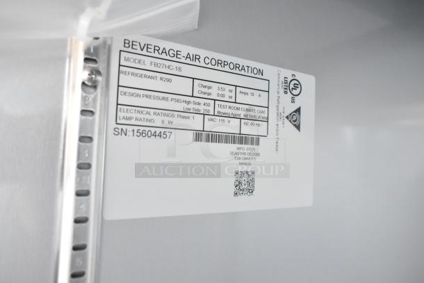 Beverage Air FB27HC-1S label showing model, refrigerant, design pressure, electrical ratings, and serial number.