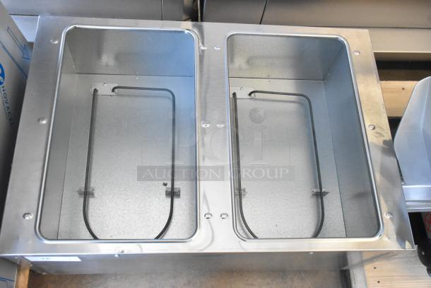 Eagle DHT2-120 stainless steel open well two pan hot food table, brand new scratch and dent, 120V, 1 phase, visible heating elements.