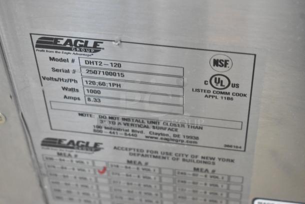 Eagle DHT2-120 stainless steel hot food/steam table label showing model, serial number, and electrical details. Brand new, scratch and dent condition.