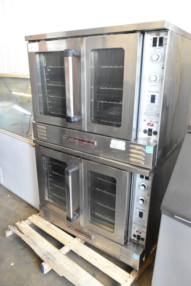 2 Southbend B Series convection ovens, stainless steel, view-through doors, metal racks, thermostatic controls, good condition.