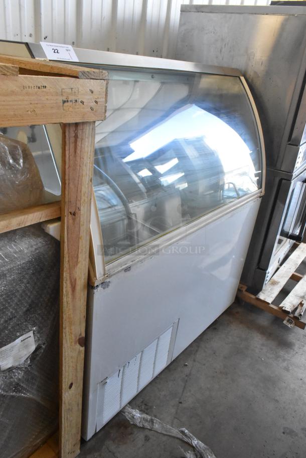 Metal commercial ice cream dipping cabinet, glass display front, 115 volts, 1 phase, used condition, slight wear.