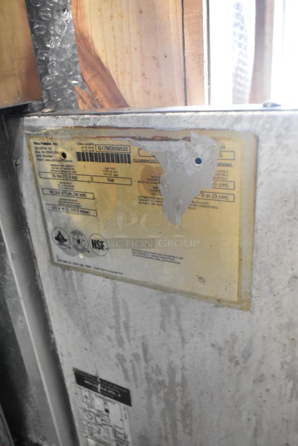 2017 Pitco Frialator stainless steel deep fryer, 90,000 BTU, natural gas, with 2 metal fry baskets. NSF certified label visible.