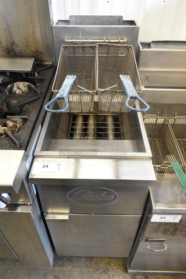 Globe GFF35G stainless steel deep fat fryer with 2 metal baskets, natural gas, 90,000 BTU, commercial floor style.