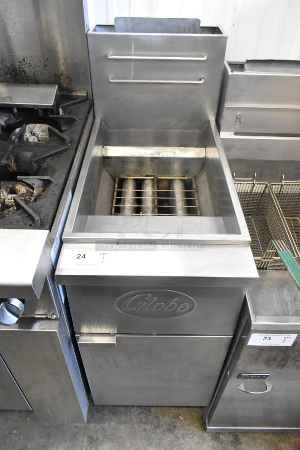 Globe GFF35G stainless steel commercial deep fat fryer, natural gas, 90,000 BTU, with 2 metal fry baskets, used.