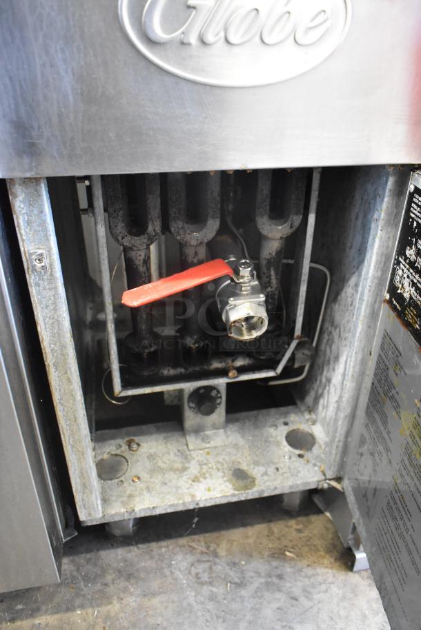 Globe GFF35G stainless steel commercial deep fat fryer, open access panel, showing red valve, natural gas, used condition.
