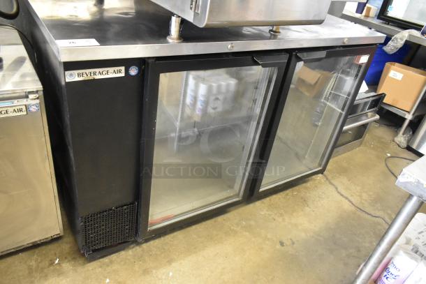 Beverage Air BB58G-1-B two-door undercounter cooler, 115V, black metal, glass doors, for commercial use.