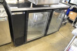 Beverage Air BB58G-1-B two-door undercounter cooler, 115V, black metal, glass doors, for commercial use.