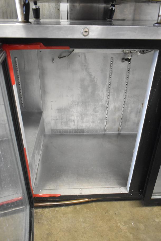 Beverage Air BB58G-1-B commercial cooler, 2 glass doors, undercounter design, metal interior, 115V, shows signs of wear.