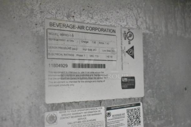 Beverage Air BB58G-1-B undercounter cooler label displaying model, refrigerant type R134a, and 115V, 1 phase electrical rating.