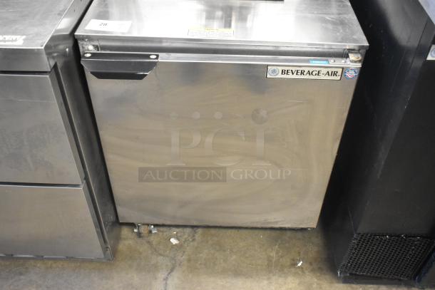 Beverage Air UCF27A-23 stainless steel undercounter freezer with single door, commercial casters, Beverage Air logo.