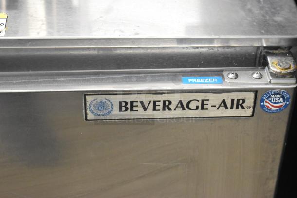 Beverage Air UCF27A-23 stainless steel single door undercounter freezer, commercial casters, 115V, 1 phase, with logo.