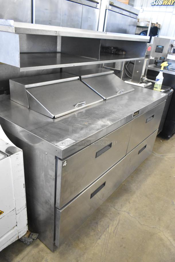 Delfield stainless steel sandwich salad prep table, Bain Marie top, 4 drawers, over shelf, 115 volts, 1 phase.