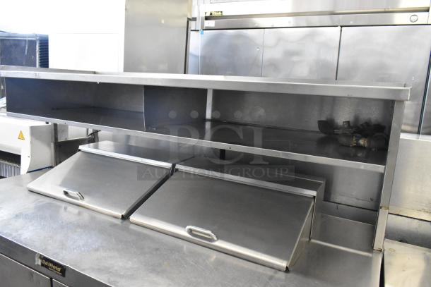 Delfield stainless steel commercial sandwich salad prep table with bain marie mega top, 4 drawers, and over shelf.