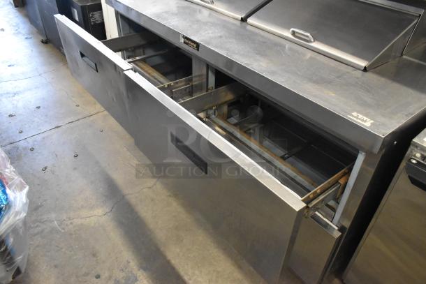 Delfield stainless steel commercial sandwich prep table with bain marie mega top, 4 drawers, overshelf, 115 volts, 1 phase.