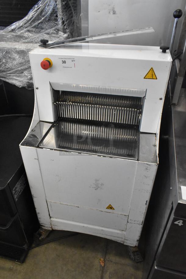 2018 Doyon CPF412 commercial bread loaf slicer, white metal, on casters, 115V, 1 phase, with controls and labels visible.