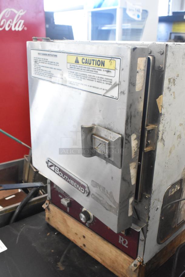 Southbend R2 Stainless Steel Steam Cabinet, electric-powered, single deck, visible caution label, used condition.