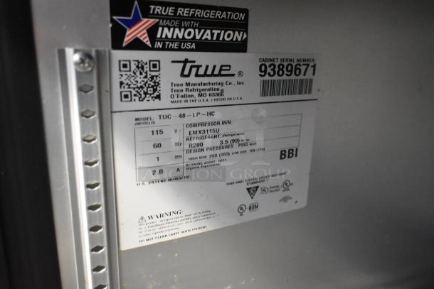 2018 True TUC-48-LP-HC cooler label. Features 115 volts, 1 phase, R290 refrigerant. Serial: 9389671. Made in USA.