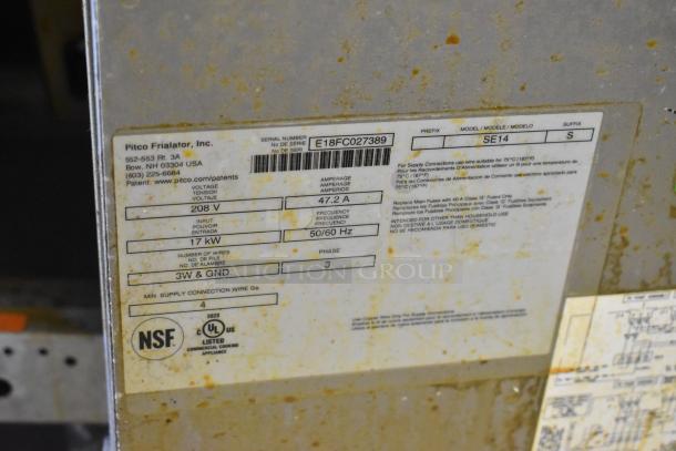 2018 Pitco Frialator SE14 electric fryer with NSF label, 208V, 3-phase, 47.2A, and 2 metal baskets. Serial E18FC027389.