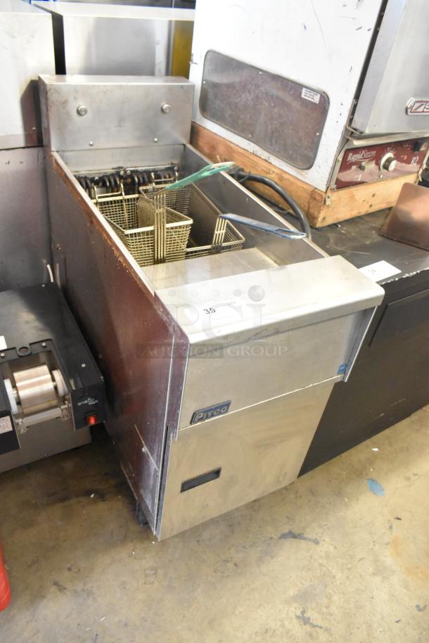 2018 Pitco Frialator SE14 stainless steel electric fryer, commercial floor model; includes 2 metal fry baskets, 208V, 3-phase.