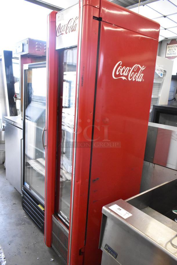 Imbera VR09 commercial cooler merchandiser, single door, red with Coca-Cola branding, poly coated racks, 115V, 1 phase.