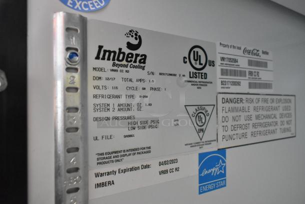 Imbera VR09 Metal Commercial Cooler, 115V, 1 Phase. Labels indicate model, refrigerant type, and warranty date. Energy Star certified.