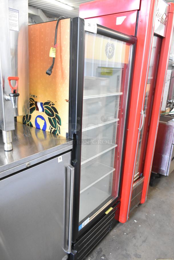 Imbera VR12 single door cooler merchandiser with poly-coated racks, 115V, 1 phase. Excellent condition, visible brand label.