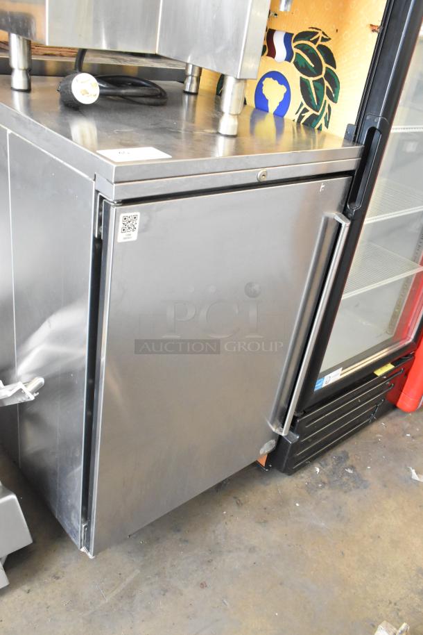 Perlick BN24 Stainless Steel Undercounter Cabinet, single door, visible minor dent, missing leg, model BN24.
