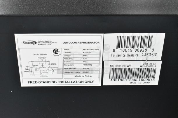 KoolMore KM-OKS-OFRC-44SS outdoor refrigerator label, 4.4 cu. ft., stainless steel, IPX4 rated, 115V, new, glass shelves.