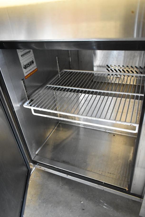 2019 Bison BST-72-30 stainless steel prep table, features a Bain Marie top, visible Bison label, 115 volts, 1 phase.