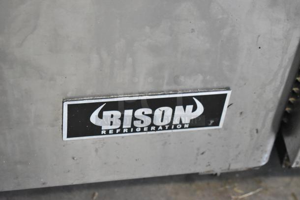 2019 Bison BST-72-30 sandwich salad prep table, stainless steel, mega top, 115V, 1 phase, visible Bison logo.