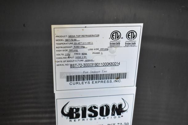 2019 Bison BST-72-30 stainless steel sandwich prep table label, details specs like 115 volts, 1 phase, and refrigerant type.