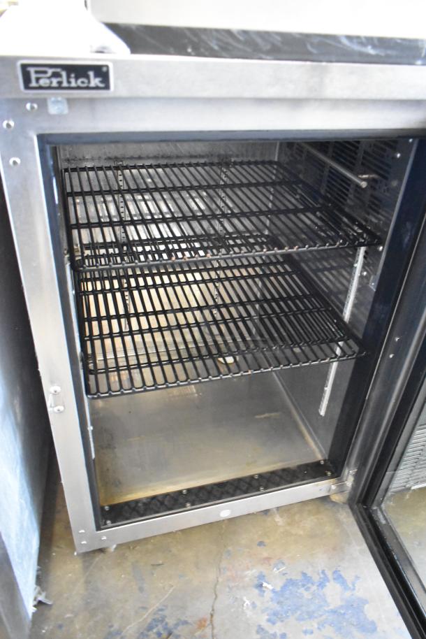 2019 Perlick BBS36-RF-G-Y-X-H1 metal undercounter back bar cooler, single glass door, black shelves, commercial use.