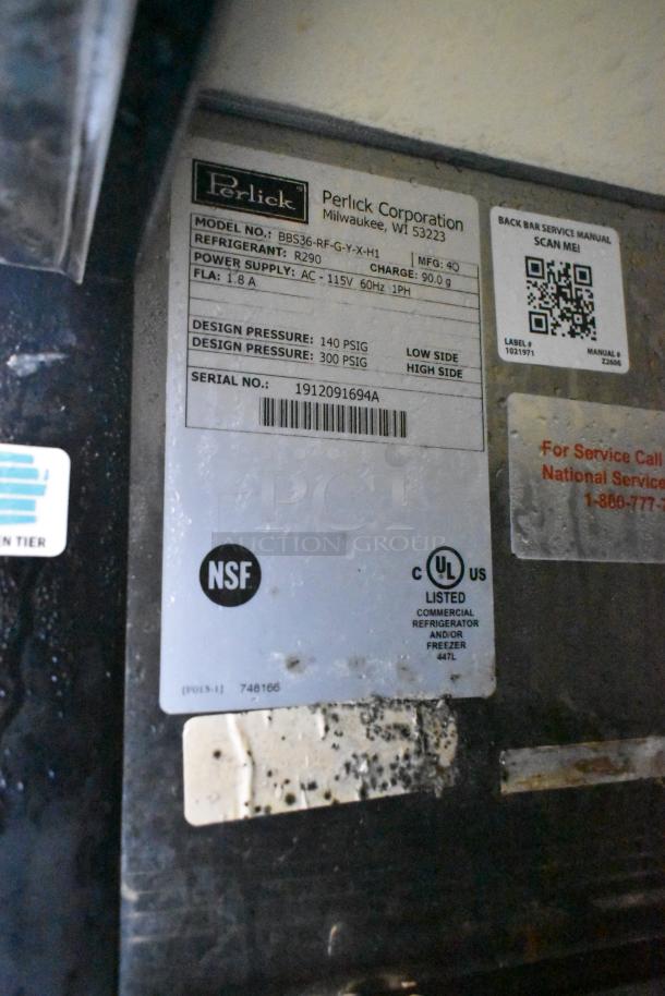 2019 Perlick BBS36-RF-G-Y-X-H1 metal commercial cooler with model details, 115V, 1 Phase, NSF and UL listed, serial 1912091694A.