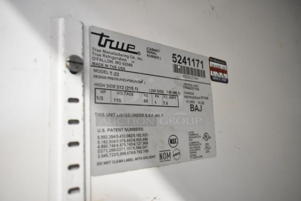 True T-23 commercial cooler label, showing model, serial number, 115 volts, 1 phase, and NSF certification.