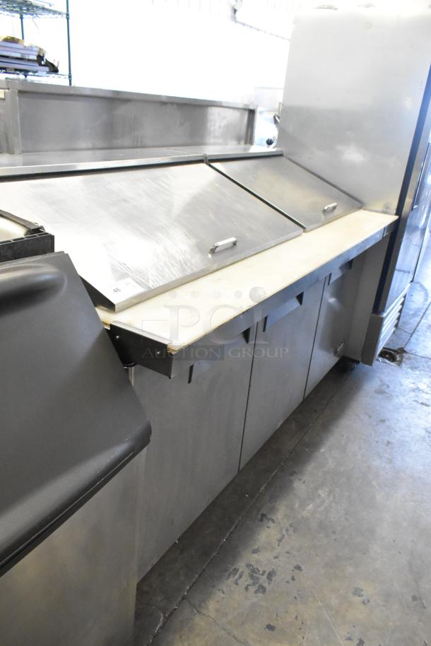 2019 Bison BST-72-30 stainless steel prep table with mega top, commercial casters, 115V, 1 phase; clean condition.