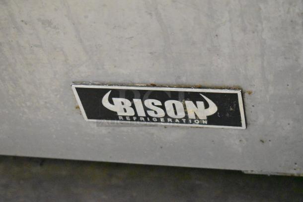Bison refrigeration label on 2019 Bison BST-72-30 stainless steel commercial prep table, showing brand name.